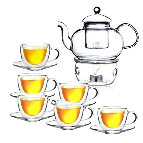 LIHAN Double Wall Glass Teapot Set Combined With  Teapot 1 x 600ml ,1 Candle Warmer ,  Clear Classic designedTeacups and Sauce [6 x 120ml], Heat-resistant Stovetop Dishwasher Safe Teapot with Removabl