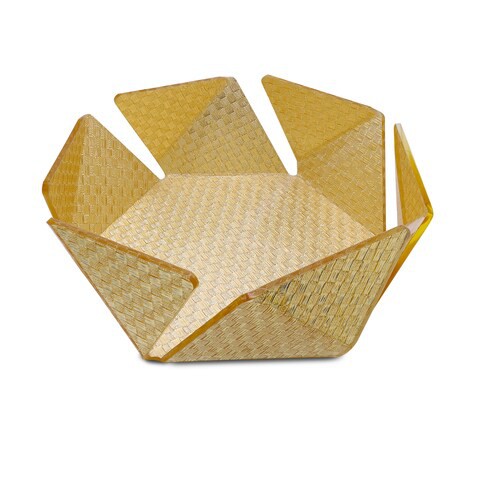 Al Hoora Curvy Round Tray 22*22*8Hcm, Beautiful Glossy Gold Color With Side Triangle Design for fruits, Serving With Color Box