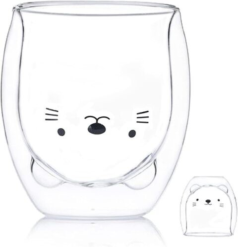Sharemee Cute Mugs Double Wall Insulated Glass Espresso, Coffee, Tea, Milk Cup, Gigt For Personal Birthday And Office 250ml/8.4Oz（Cat）