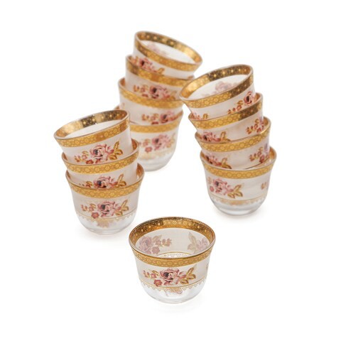 Al Hoora 12 Pieces Cawa Cup Set Clear/Gold Floral Design