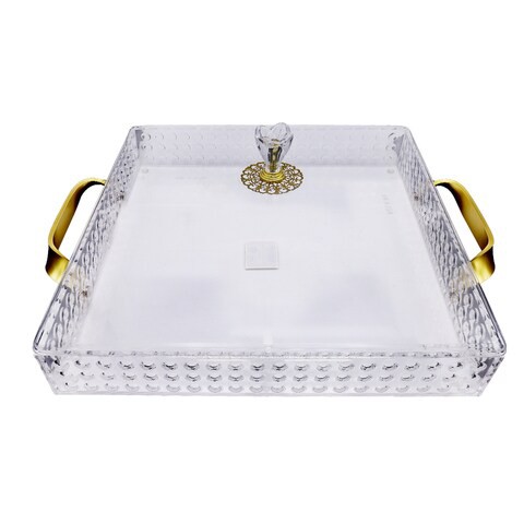 Al Hoora 38.5*32*H13.5Cm Square Acrylic Clear Serving Tray With Gold Handle With Geometric Pattern, Clear Cover, Rose Flower Knob And Color Box