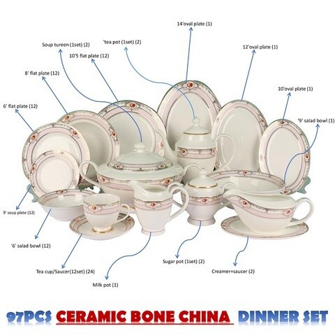 XIANGYU Dinner Set Porcelain Gold, 97pcs tea set; 10&#39;5 flat plate- (12) , 9&#39; soup plate- (12) 8&#39; flat plate- (12), 6&#39; flat plate- (12) &#39;6&#39; salad bowl- (12), &#39;tea pot (1set)- (1) Tea cup/Saucer(12set)