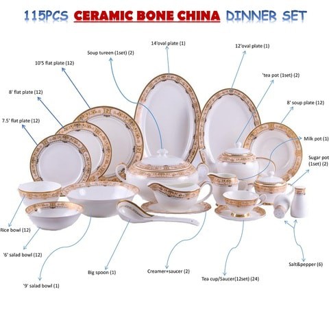 Dinner Set Porcelain Gold, 115pcs tea set; 10&#39;5 flat plate- (12) , 8&#39; soup plate- (12) 8&#39; flat plate- (12), 7&#39;5 flat plate- (12) 6&#39; salad bowl- (12), &#39;tea pot (1set)- (2) Tea cup/Saucer(12set) -(24),