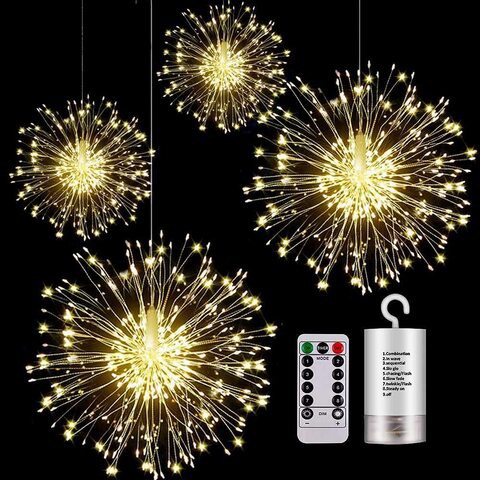 Kjoy 4Pcs Firework Lights LED Hanging Starburst Lights Copper Wire LED Lights, Battery Operated Fairy String Lights With Remote, 8 Modes Dimmable Light For Party, Christmas, Outdoor