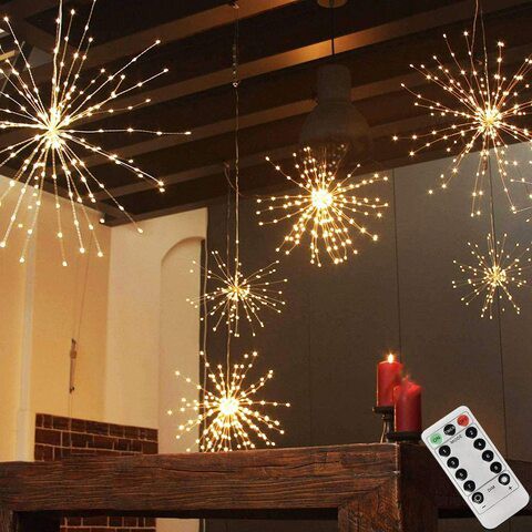 Pxb Pxb 2 Pack Starburst Sphere Lights, 200 LED Firework Lights, 8 Modes Dimmable Remote Control Waterproof Hanging Fairy Light, Copper Wire Lights For Patio Parties Christmas Decoration (Warm White)