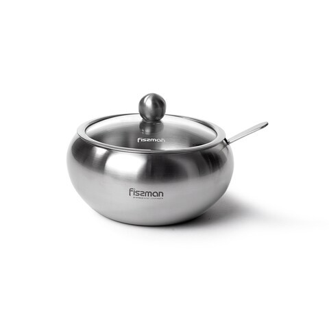 Fissman Sugar Bowl With Glass Lid And Spoon 460 ml Stainless Steel