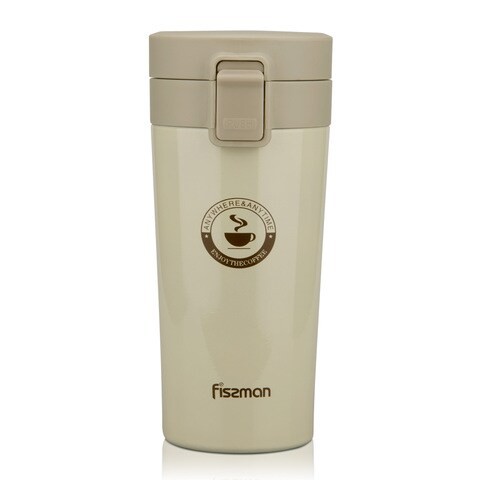 Fissman Travel Mug Double Wall Vacuum With Push Button 320 ml, Ecru Color - Stainless Steel