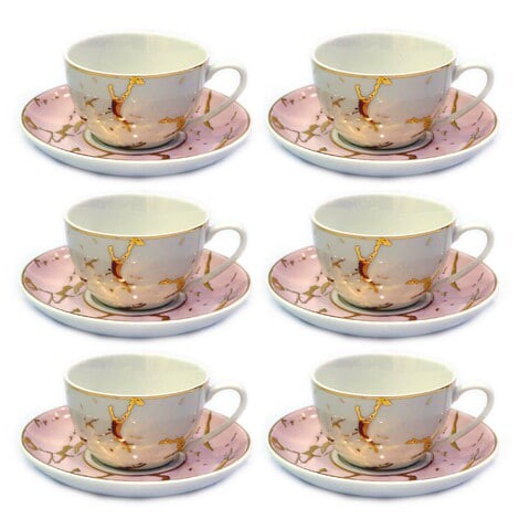 LIHAN  Porcelain Tea Set Combined with Heat-Resistant Glass Teapot 1*600ml,Cups 6*125ml,6 Sauces ,1 Candle Warmer,Pink Classic Design for Family Party Use