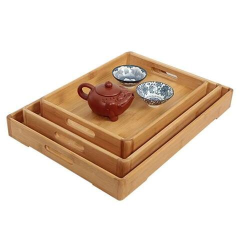 LIYING  Pack Serving Tray,Large Bamboo Serving Tray with Handles Wood Serving Tray Set for Coffee,Food,Breakfast,Dinner