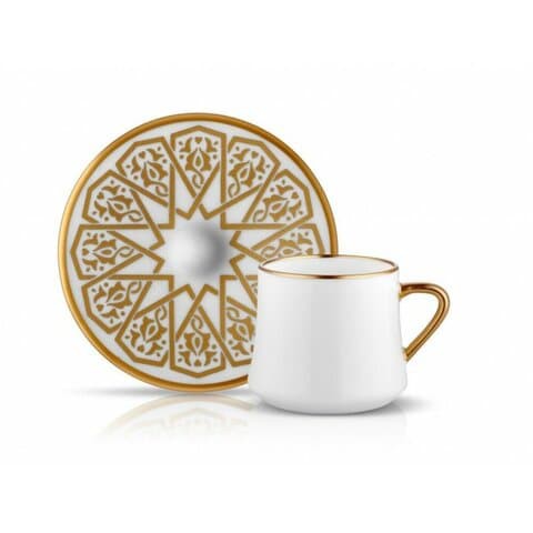 Koleksiyon Sufi Collection Turkish Coffee, Tea Cup and Saucer Set, Coffee Cup Saucer, 90 cc Bone China cup, hand decorated, gold color rim and handle (12Pcs)