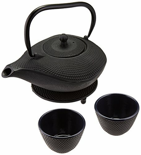 Miya Hobnail Genie Design 32-Ounce Cast Iron Teapot and Teacup Gift Set w/ Strainer and Trivet, Black