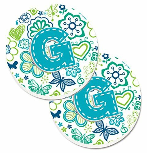 Caroline&#39;s Treasures CJ2006-GCARC Letter G Flowers and Butterflies Teal Blue Set of 2 Cup Holder Car Coasters, Large, multicolor