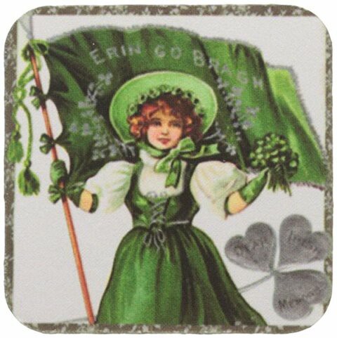 3dRose CST_42902_2 Erin Go Braugh, Irish Lady and Flag &#39;Vintage&#39; Soft Coasters, Set of 8