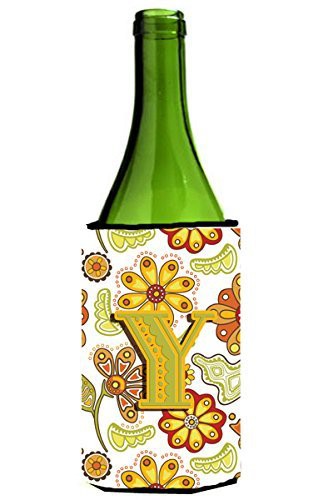 Caroline&#39;s Treasures Letter Y Floral Mustard And Green Wine Bottle Beverage Insulator Hugger