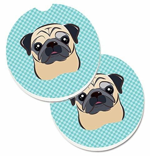 Caroline&#39;s Treasures BB1200CARC Checkerboard Blue Fawn Pug Set of 2 Cup Holder Car Coasters, Large, multicolor