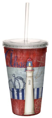 Tree-Free Greetings Vintage Red White Blue Lighthouse By Paul Brent Artful Traveler Double-Walled Cool Cup With Reusable Straw, 16-Ounce, Multicolored