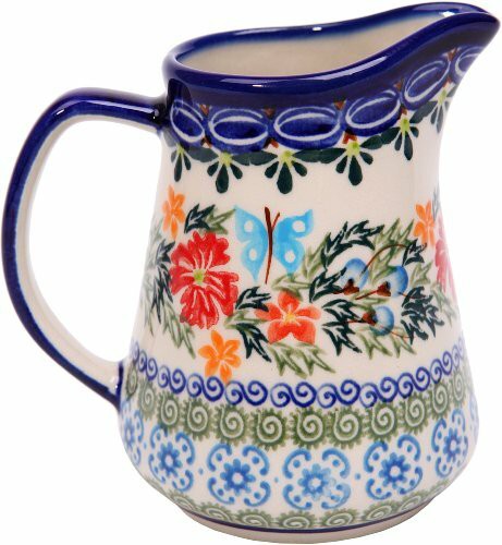 Polish Pottery Ceramika Boleslawiec, 0205/238, Pitcher Jacek 1, 1 Cup, Royal Blue Patterns with Red Cornflower and Blue Butterflies Motif