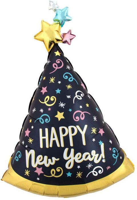 Party Time 1pc Cone Hat Happy New Year Foil Balloon For New Year&#39;s Eve Party, Happy New Year Decoration - Multicolor (78x51cm)