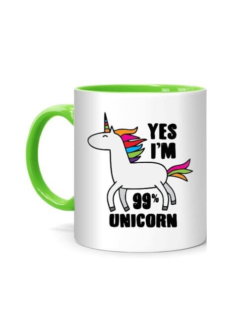 FMstyles Yes I&#39;m 99% Unicorn Printed Mug White/Green 10 cm