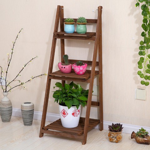 LINGWEI Ladder Design Foldable Wooden Flower Rack Book Shelves Storage Stand Flower Pot Holder For Bedroom Office Restaurants Home Decor 3 floor Brown