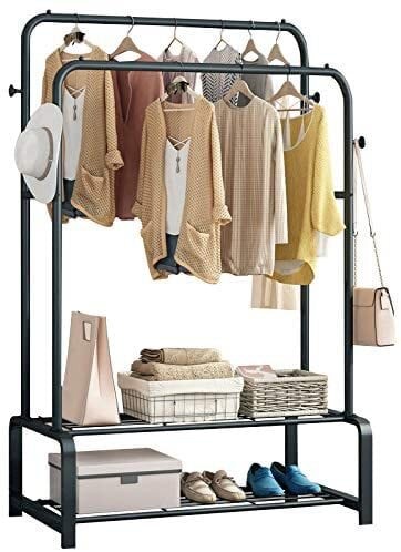 Garment Rack Double Rod Heavy Duty Free-Standing Clothes Rack Multi-Functional Bedroom Hangers Clothing Hanging Stand Organizer Storage Rack with Shoe Shelves, Wheels (48&#39;&#39; Width, Black)