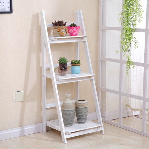 LINGWEI Ladder Design Foldable Wooden Flower Rack Book Shelves Storage Stand Flower Pot Holder For Bedroom Office Restaurants Home Decor 3 floor White