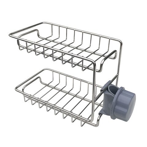 Decdeal - 2-Layer Faucet Rack Stainless Steel Hollow Ventilation Drainage Free Punching Kitchen Sink Storage Rack