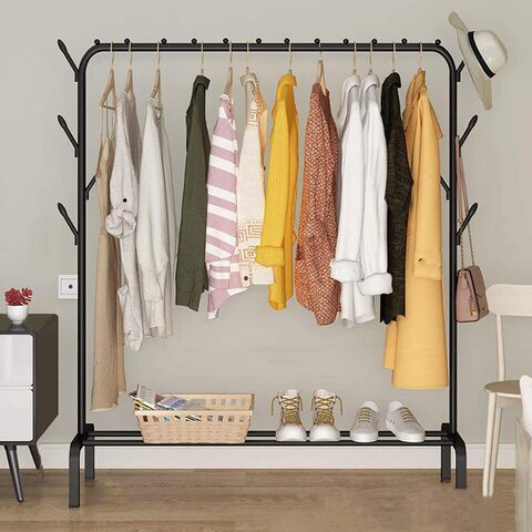 Ruihao Garment Rack Bedroom Clothing Coat Racks Hanger Free-Standing Clothes Rack With Top Rod, Lower Storage And 8 Hooks