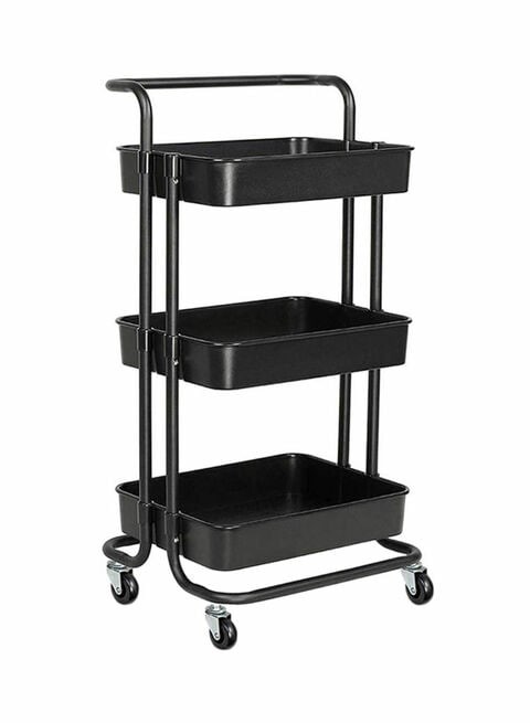 3-Tier Utility Cart Rolling Storage Shelf With Handles 2 Lockable Wheels Black 86x42x30centimeter