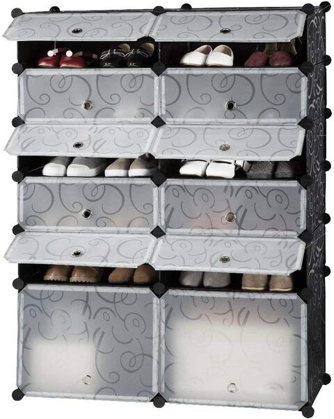 Jj-Boutique Diy Shoe Rack, Storage Drawer Unit Multi Use Modular Organizer Plastic Cabinet With Doors, Black And White Curly Pattern (12 Cubes)