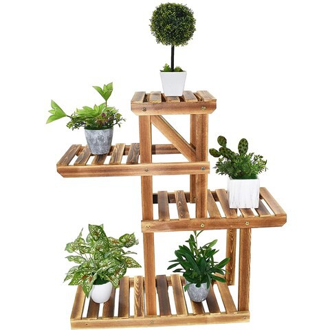 LINGWEI Multi-tier Solid Wooden Higher and Lower Plant Flower Pots Display Stand Holder Shelves For Garden Balcony Livingroom Patio Style-2