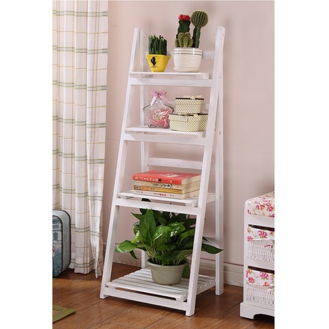 LINGWEI Ladder Design Foldable Wooden Flower Rack Book Shelves Storage Stand Flower Pot Holder For Bedroom Office Restaurants Home Decor 4 floor White