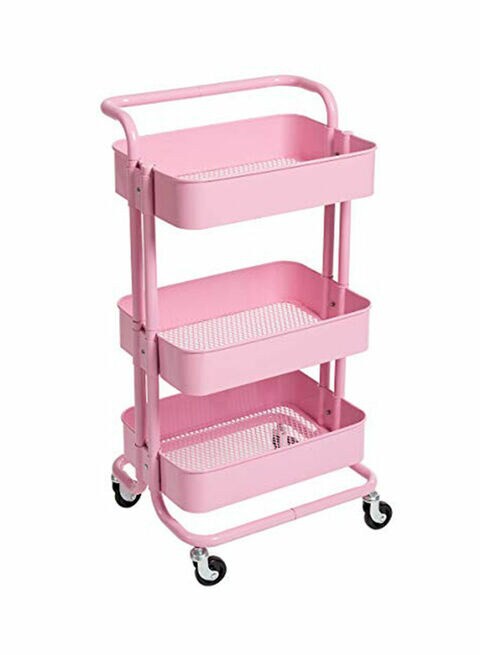 3-Tier Rolling Shelves Metal Cart Organizer Pink 85x45x35centimeter