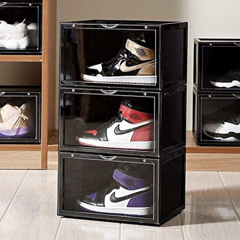 Lushh Shoe Storage Box, Side Open High Quality storage Organizer Boxes - Stores Shoes Size up to UK 46 (Big Size), 3 Box Set (Black)