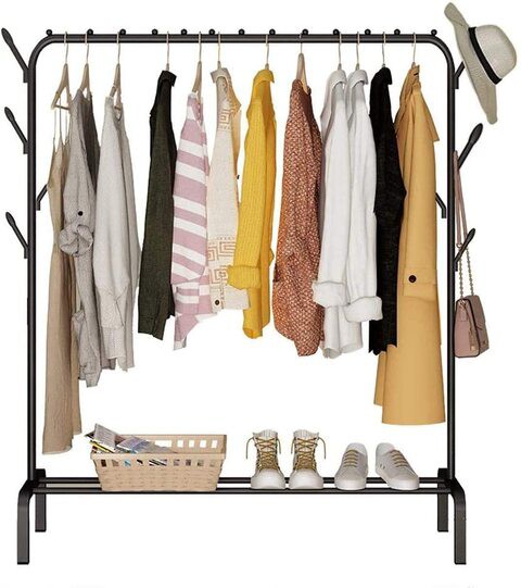 IDESIGN Cloth Rack Stand, Clothes Dryer Rail With 8pcs Branch Hook Bottom Storage 110cm Length Large Space