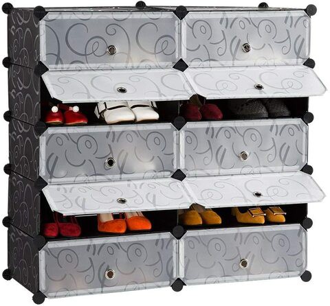 Jj-Boutique Diy Shoe Rack, Storage Drawer Unit Multi Use Modular Organizer Plastic Cabinet With Doors, Black And White Curly Pattern (10 Cubes)