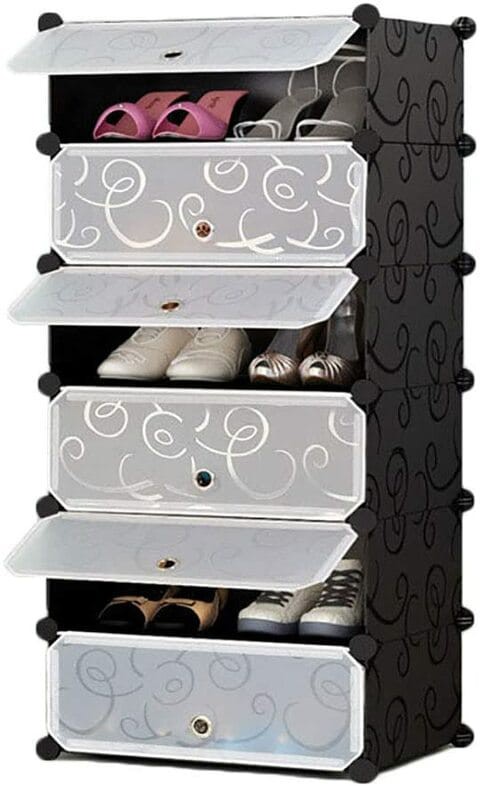 Jj-Boutique Diy Shoe Rack, Storage Drawer Unit Multi Use Modular Organizer Plastic Cabinet With Doors, Black And White Curly Pattern (6 Cubes)