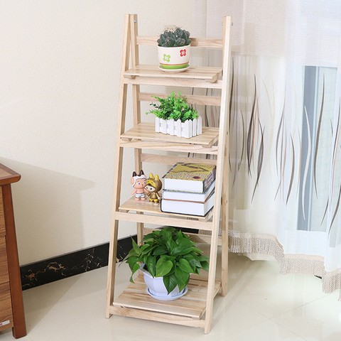 LINGWEI Ladder Design Foldable Wooden Flower Rack Book Shelves Storage Stand Flower Pot Holder For Bedroom Office Restaurants Home Decor 4 floor Natural