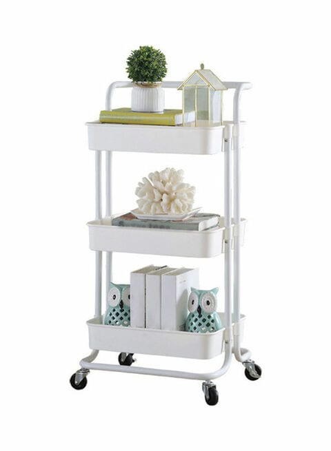 3 Tier Multi-Functional Moveable Wheels Rolling Metal Utility Cart Storage Organizer Shelves Basket White 44*17.5*34cm