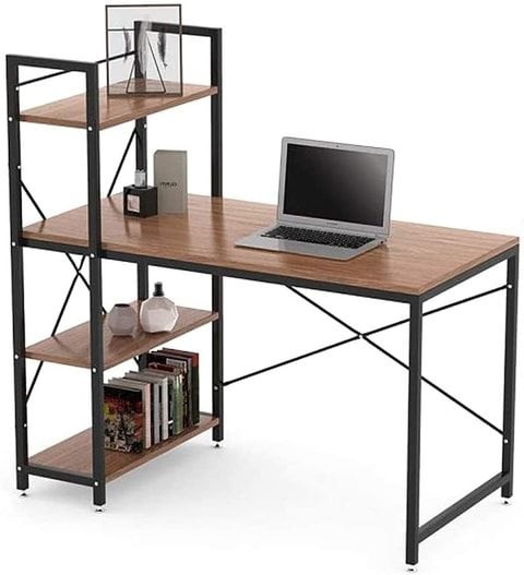 IBAMA Home Office Desk With 4 Tier Shelves, Work Study Gaming And Writing Table With Storage Bookshelves Modern Wood And Steel Frame Compact Workstation