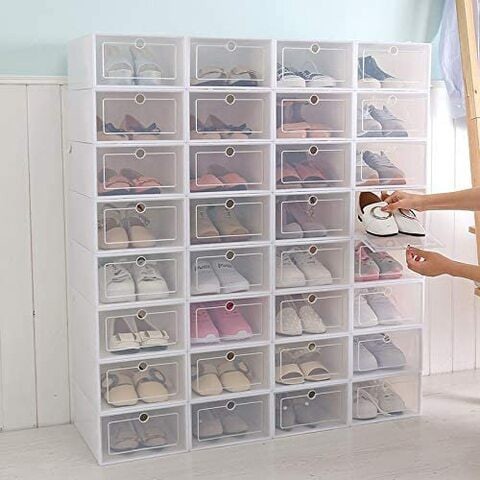 Doreen 6Pcs Shoes Storage Box Stackable Foldable Plastic Shoes Holder Cabinet Transparent Shoes Organizer Case Clear Drawer (white)(GC924A)