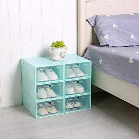 Doreen 6-Pieces Clear Plastic Storage Shoe Box Foldable Stackable Tidy Organizer Box Green(GC925A)