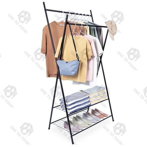 ONE TO FOUR Double Rod Garment Rack, Heavy Duty Clothes Hanging Rack With Mesh Storage Shelf For Shoe Clothing Organzier, Black