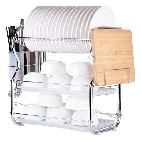 Decdeal - Multi-functional 3-Tier Dish Rack Kitchen Supplies Storage Rack Draining Rack with Chopsticks/Knives/Cutting Board Holder Drainboard