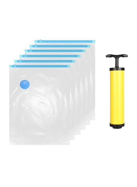 MissTiara 6-Piece Vacuum Reusable Sealer Storage Bag With Suction Pump Clear/Blue/Yellow 50x70centimeter