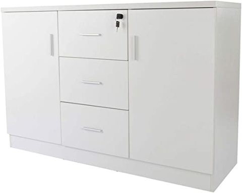 Mahmayi Melamine On Mdf Carre 1147 Credenza - Contemporary and Tough Wooden Storage Cabinet With Three Drawer Storage - W120Cms X D40Cms X H80Cms (White)