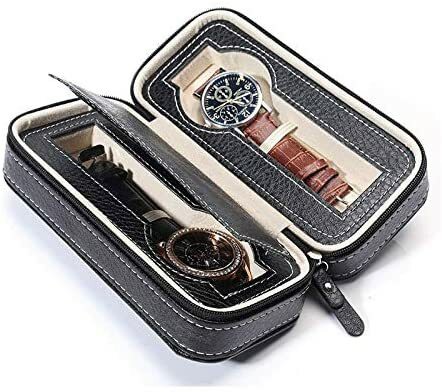 Luxury Leather Portable Watch Travel Case Black Zipper Book 2 Slots Box