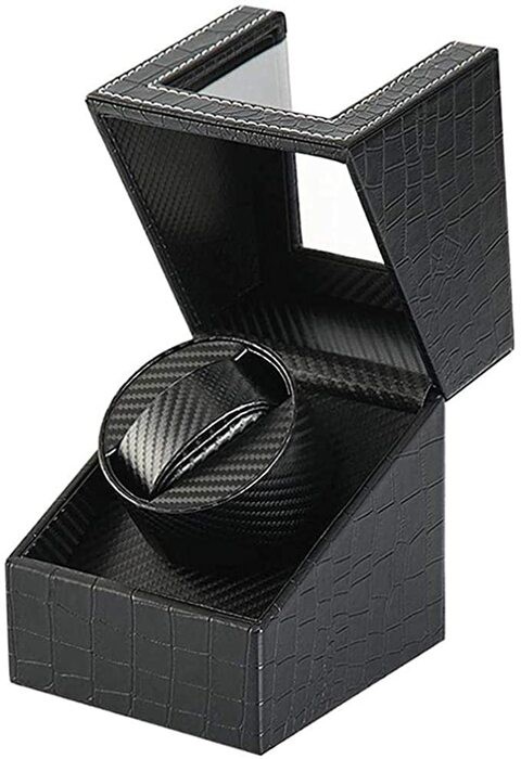 Doreen Automatic Single Watch Winder, Black Leather/Carbon Fiber Leather, Japanese Motor