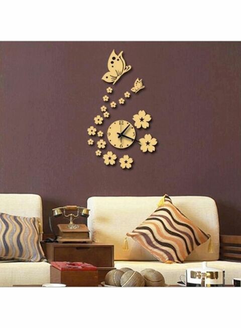 Generic Butterfly And Flower Wall Clock 3D Acrylic Mirror Sticker Gold 41X70cm