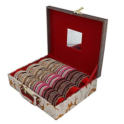 Kuber Industries Floral Design Wooden Three Rod Bangle Storage Box, Gold (CTKTC4071)